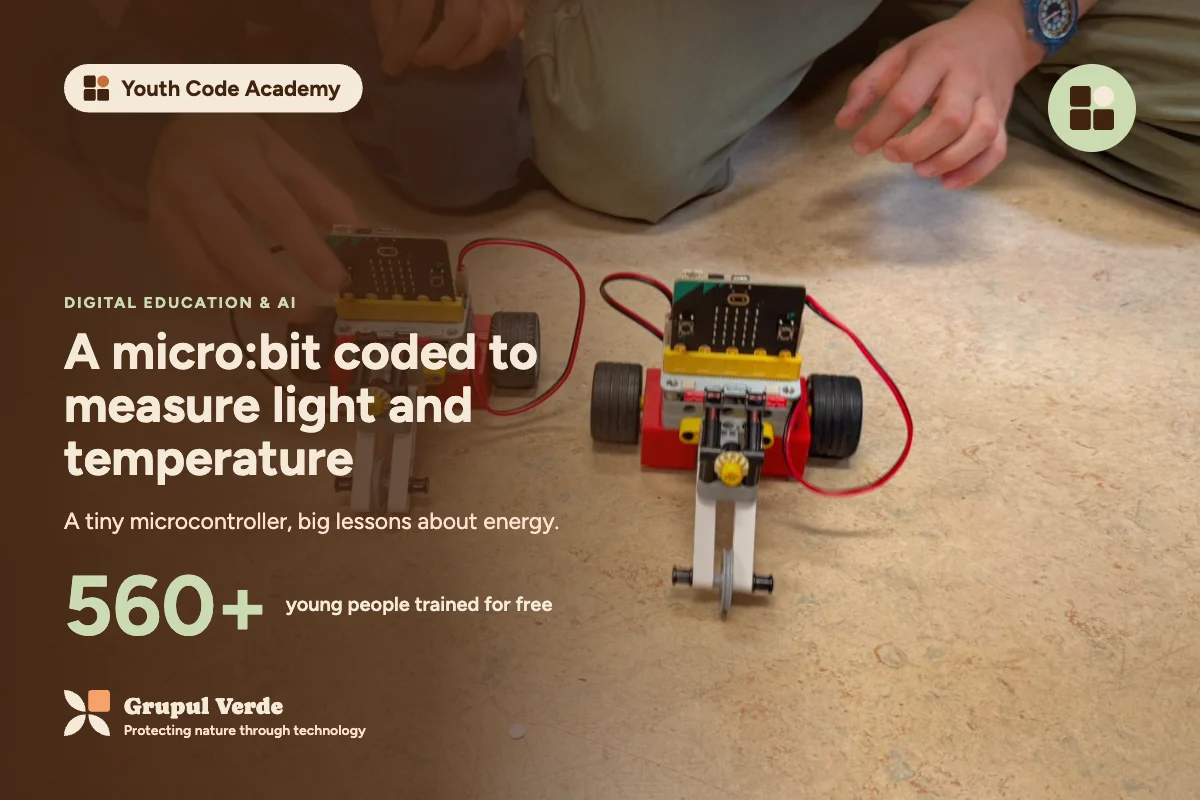 A micro:bit programmed to measure light and temperature. Youth Code Academy, Digital education & AI · Asociația Grupul Verde.