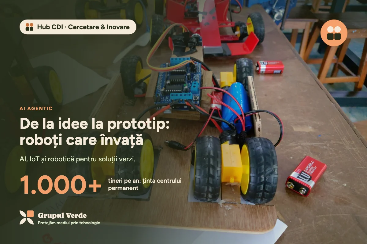 De la idee la prototip: roboți care învață. Hub CDI · Cercetare & Inovare, AI agentic · Asociația Grupul Verde.