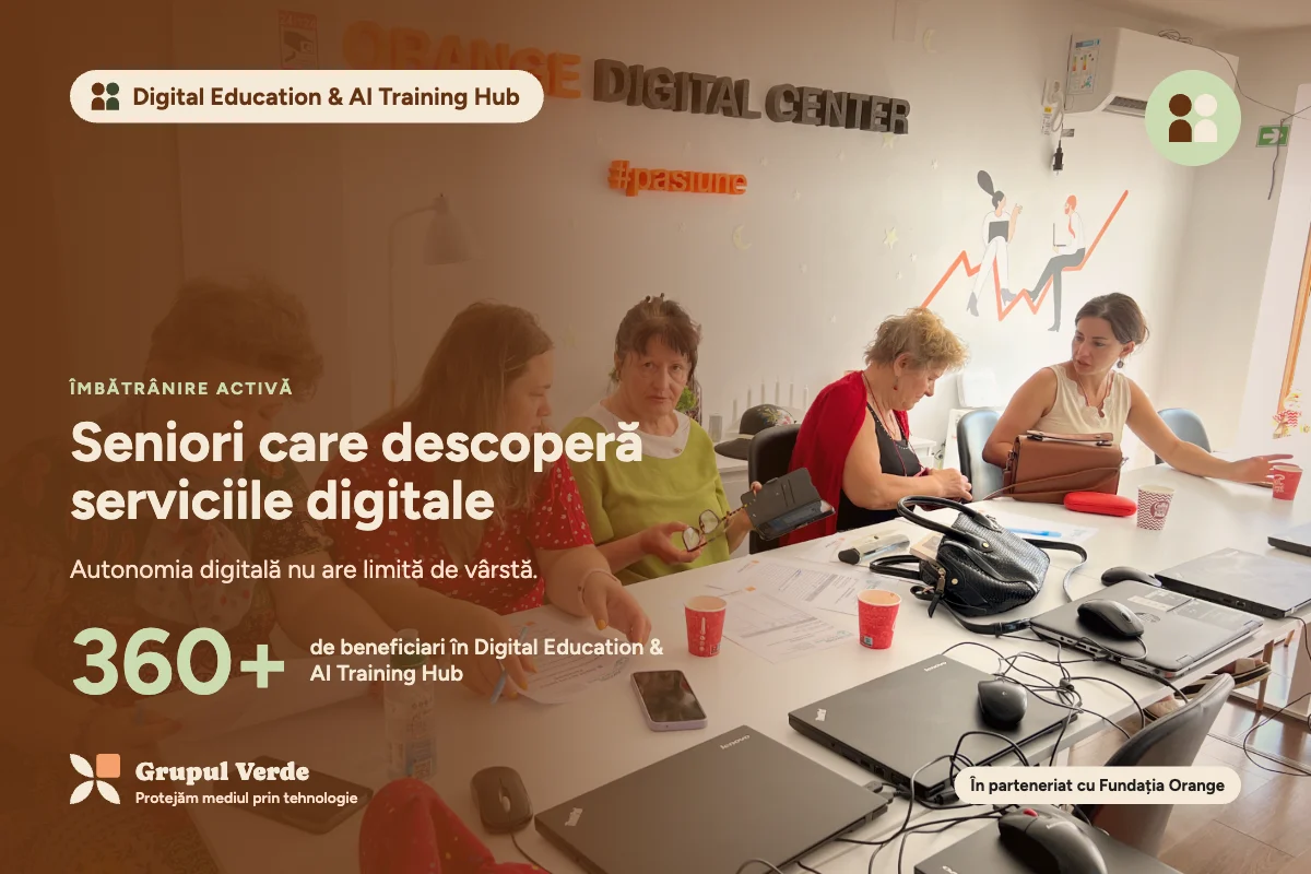 Seniori care descoperă serviciile digitale. Digital Education & AI Training Hub, Îmbătrânire activă · Asociația Grupul Verde.