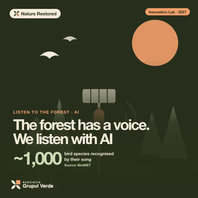 The forest has a voice. We listen with AI. Nature Restored — an initiative of the Social Innovation Lab, Asociația Grupul Verde (illustration).