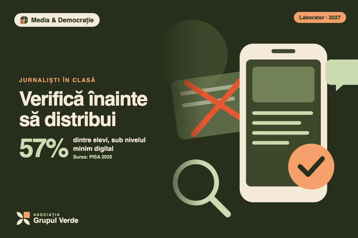 Verifică înainte să distribui. Media & Democrație — inițiativă a Laboratorului de inovare socială, Asociația Grupul Verde (ilustrație).